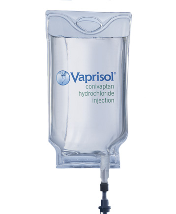 Vaprisol (conivaptan hydrochloride) injection bag, used for treating hyponatremia, with clear labeling on a white background.