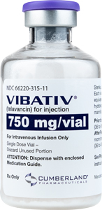 Vibativ (telavancin) 750 mg/vial, an FDA-approved injectable antibiotic, shown in a clear glass vial with a purple cap on a white background.