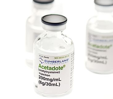 Bottles of Acetadote (acetylcysteine) injection, used for the treatment of acetaminophen overdose, with clear labeling and a white background.