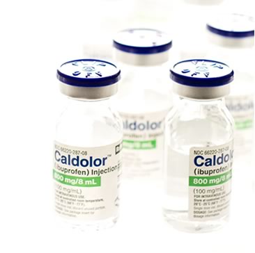 Bottles of Caldolor (ibuprofen) injection, used for pain and fever treatment, with clear labeling and a white background.