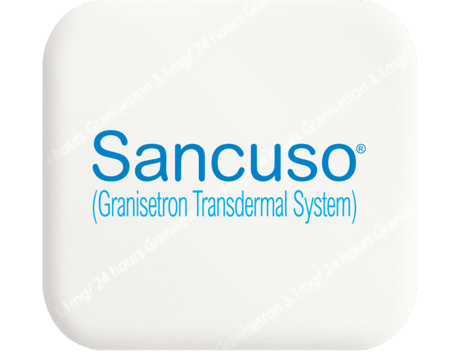 Sancuso (Granisetron Transdermal System) patch, an FDA-approved oncology support product for nausea and vomiting, shown on a white background.